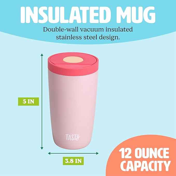Tasty 12oz Insulated Stainless Steel Push Mug, Leak-Proof Lid with One-Hand Open/Close Button, Travel Coffee Cup, Double Wall Vacuum Flask, Pink