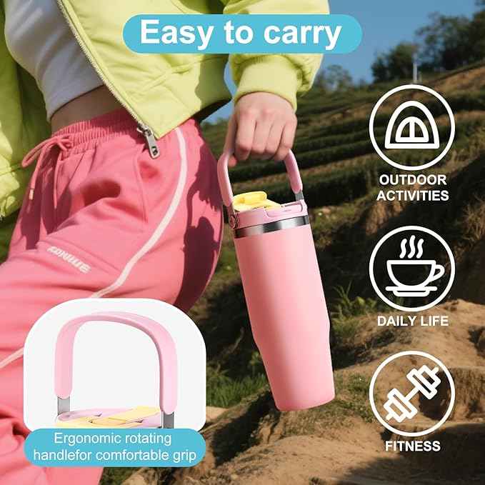 32 oz Tumbler with Handle and Flip Straw,Keep Cold or Hot,Fits in Cup Holder,Reusable Leak Proof Stainless Steel Vacuum Water Bottle,Suitable for Home Gym Trave, Easy to Carry(Black)