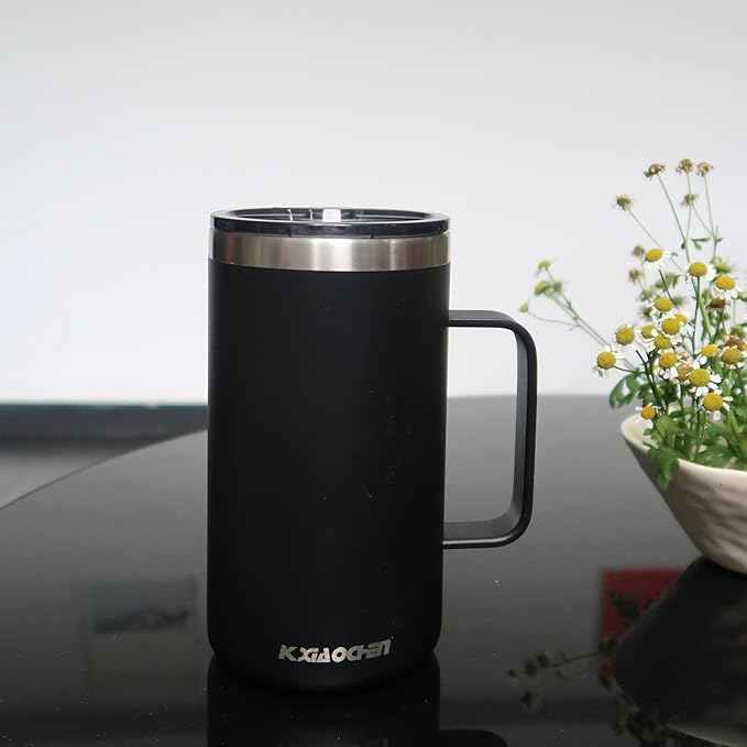 KXIAOCHEN 20oz Insulated Coffee Mug with Lid, Stainless Steel Coffee Cup, Double Wall Vacuum Coffee Tumbler with Handle, Premium Thermal Travel Coffee Mug (Black)