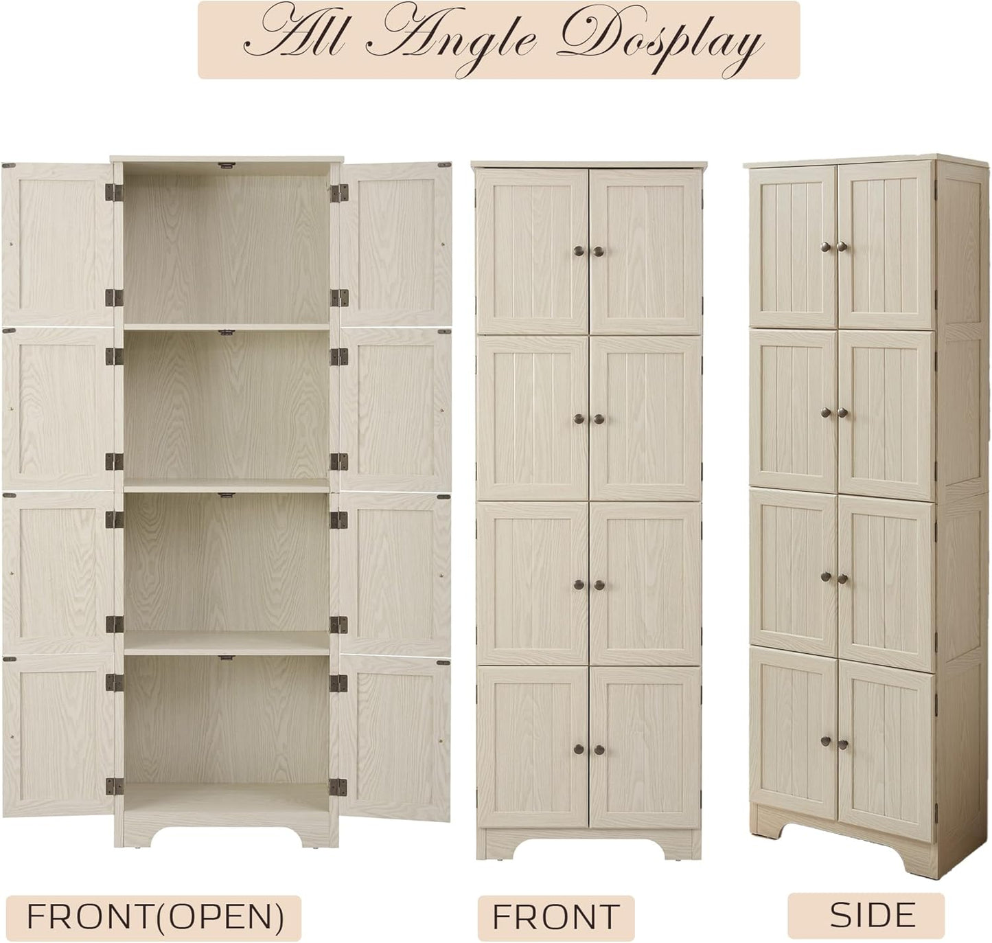 Farmhouse Tall Storage Cabinet with 8 Doors, 72" H Wooden Kitchen Pantry with 4 Shelves, 4-Tier Freestanding Bookshelf, Rack for Living Room (White & Style 2)