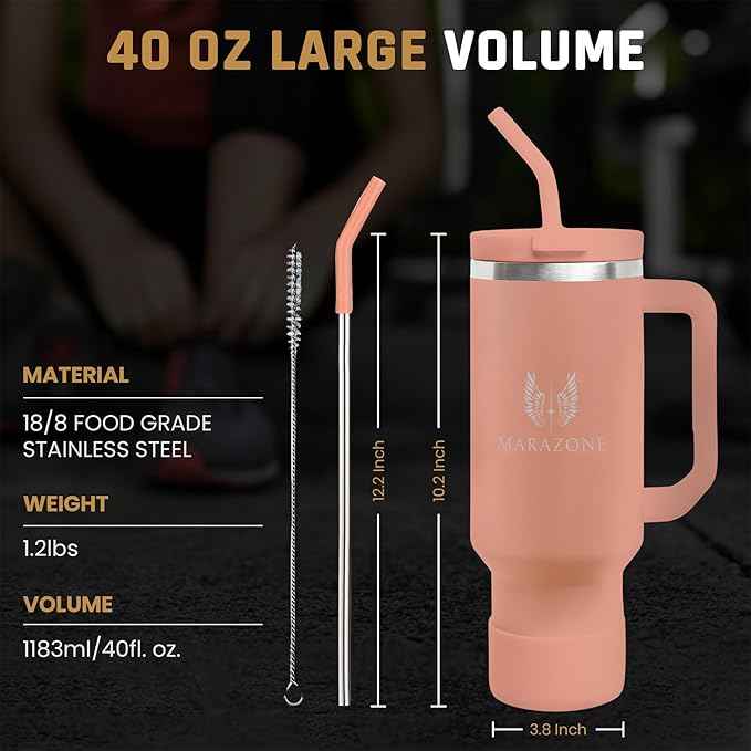 MARAZONE 40oz Stainless Steel Travel Tumbler Cup with Handle, Three-Position Lid, Straw with Silicone Tip, Vacuum Insulated Water Bottle for Hot & Cold Drinks, Great Gifts for Mom, Sunset