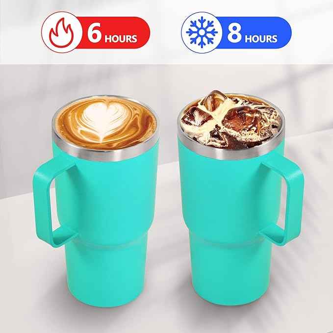 20 oz Tumbler with Handle, insulated cup coffee mug with lid, straw and handle, Double Wall Stainless Steel Vacuum Coffee Tumbler travel mug spill proof, 1pcs Light Green