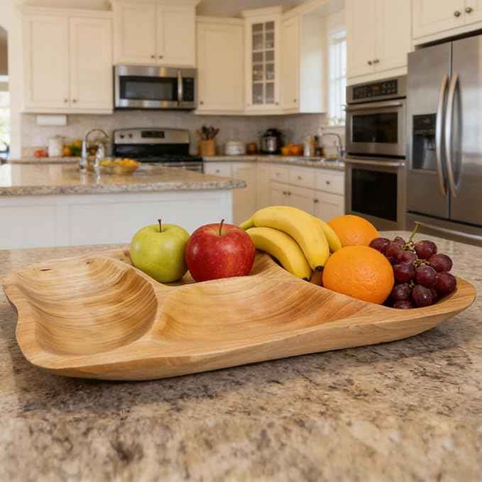 BTEOBFY Natural Wood 4-Compartment Divided Fruit Tray, Live Edge Handmade Serving Platter for Snacks, Sandwiches, Appetizers, Unique Hand-Carved Rustic Design