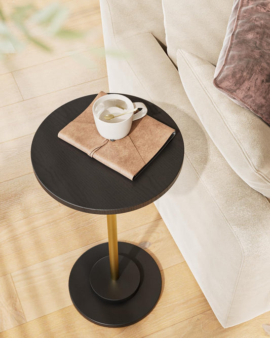 Masupu Drink Table, Round Side Table for Small Spaces, Pedestal Side Table, Small End Table with Metal Base, for Living Room, Bedroom, Bathroom, Black Gold