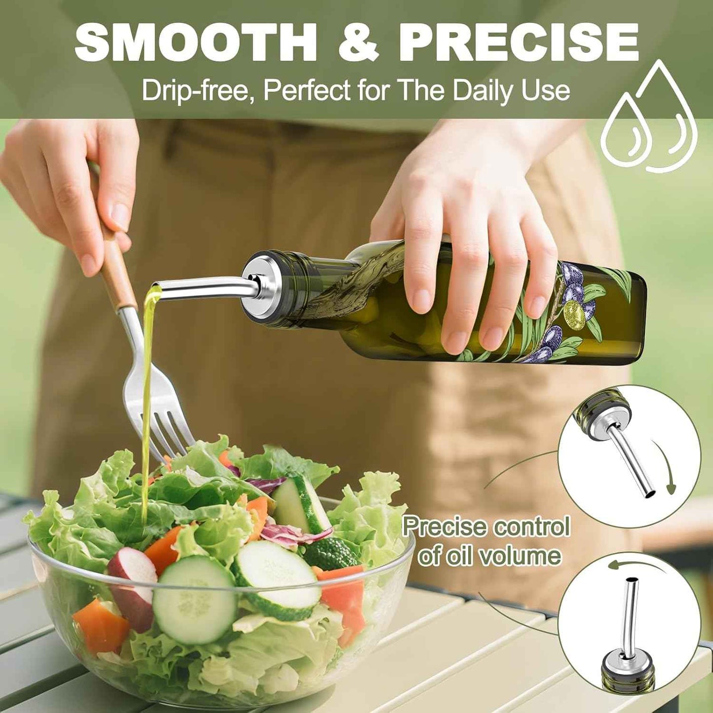 COOLMI Oil and Vinegar Dispenser Set - 17oz/500ML Premium Glass Olive Oil Dispenser Bottles for Kitchen, Oil Dispenser for Kitchen (Olive)