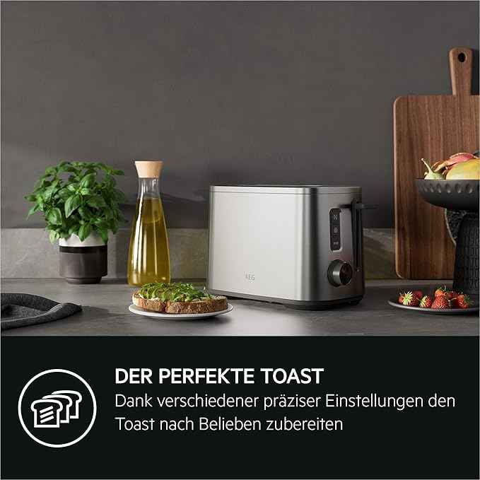 AEG T5-1-4ST Toaster Deli 5/7 Toaster Settings/Countdown Timer/Stop, Defrost, Warm-up Button/Auto Centering/Cool-Touch Case/Wide Slots/Crumb Tray/Stainless