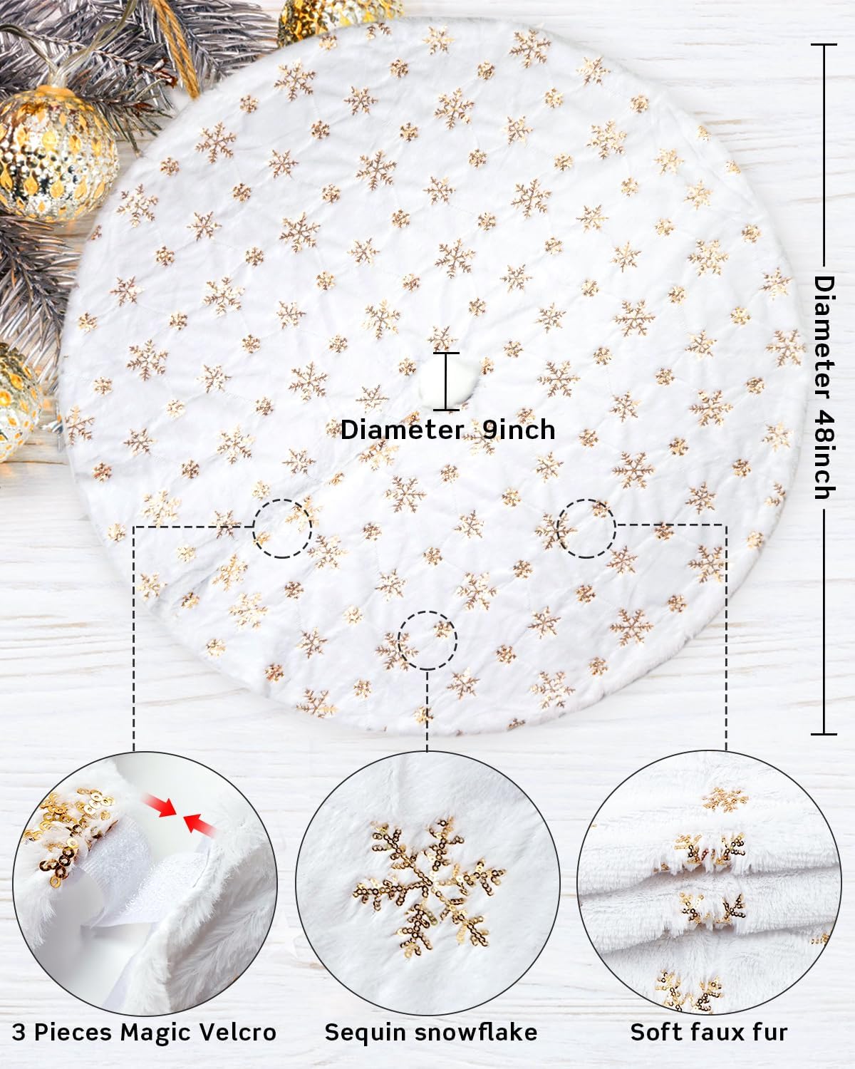 COOLWUFAN 48 Inches Christmas Tree Skirt for Xmas Tree Holiday Party Decoration White Plush Gold Sequin Snowflake (Gold)