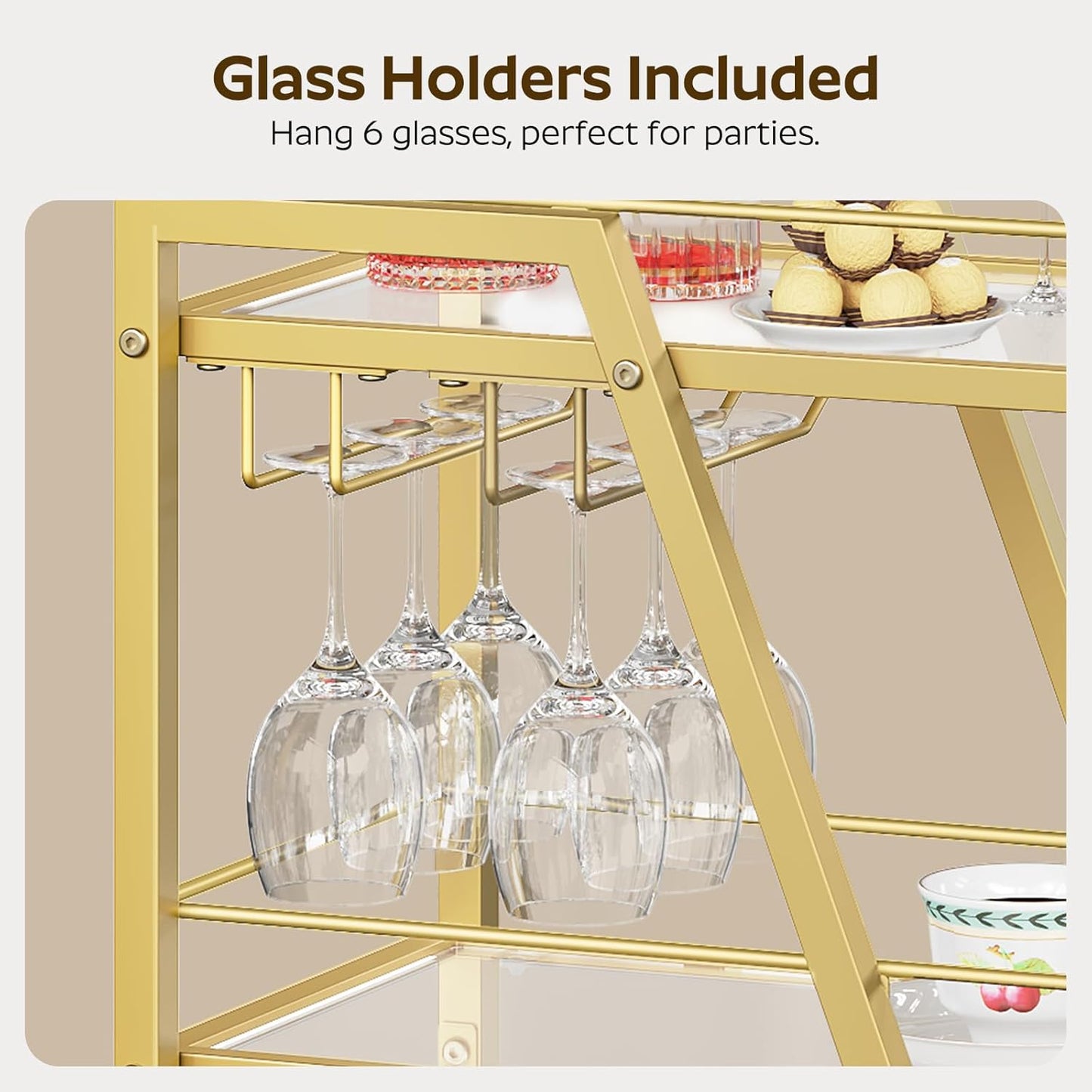 Bar Cart, 3-Tier Bar Cart for The Home, Home Bar Serving Cart with Glass Holders, Beverage Cart for Kitchen, Dining, Party Room, Gold BC03GD