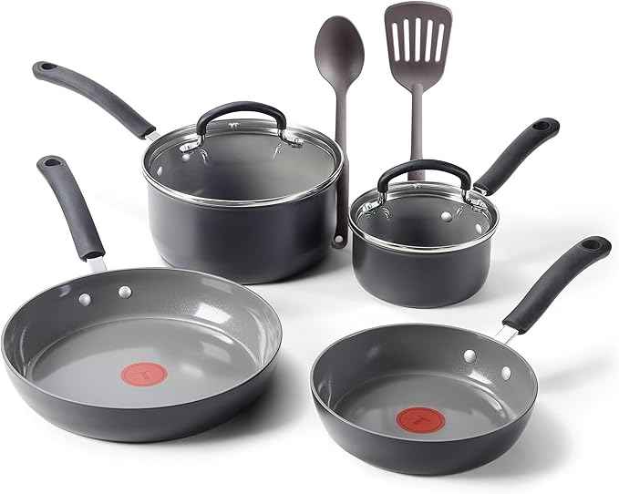 T-Fal Ultimate Hard Anodized Ceramic Nonstick 8 Piece Cookware Set, Oven Safe Up to 400°F, Dishwasher Safe, Pots and Pans Set, Includes Frying Pans, Saucepan, Cooking Utensils, Stone