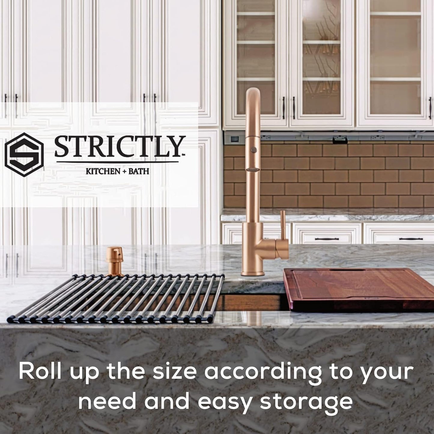 Strictly Sinks Stainless Steel Roll Up Dish Drying Rack – Copper 17 Inch Over The Sink Drying Rack Ideal for Workstation Sinks Only – Multipurpose Foldable Kitchen Dish Rack (17-3/8″ x 13″ x 3/8″)