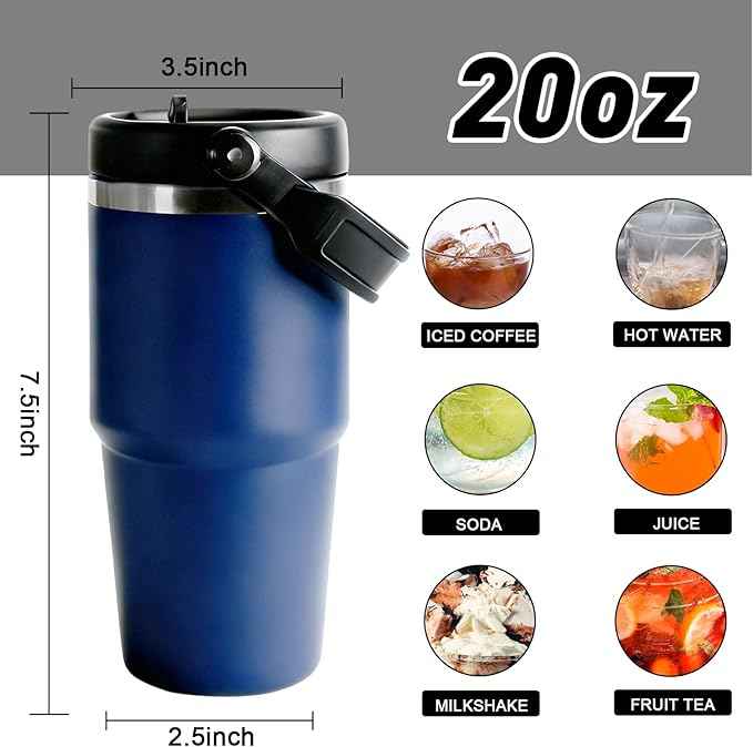20 oz Tumbler with Handle, Insulated Tumbler with Lid and Flip Straw Leak Proof Double Wall Stainless Steel Vacuum Travel Coffee Mug Insulated Water Bottle Thermal Cup, Cupholder Friendly, Navy