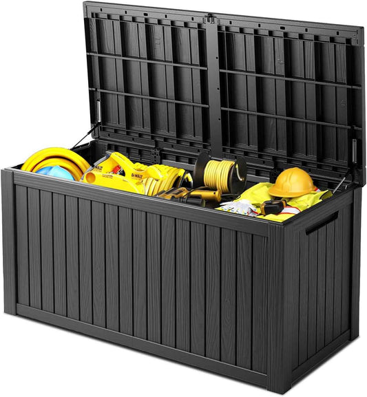 200 Gallon Deck Box, Resin Outdoor Waterproof Storage Box, Lockable Storage Box With Handle for Patio Furniture - Garden Tools - Swimming Pool Tools UV Resistant, Black - 200