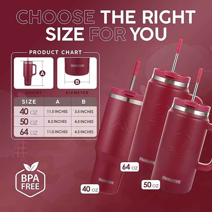 FAHRMOSIS 40 Oz Tumbler with Handle and Straw Insulated Cup that Fits in Cup Holder for Hot & Cold Drinks Leak Proof Tumbler with Straw Stainless Steel Travel Mug for Men & Women - Red