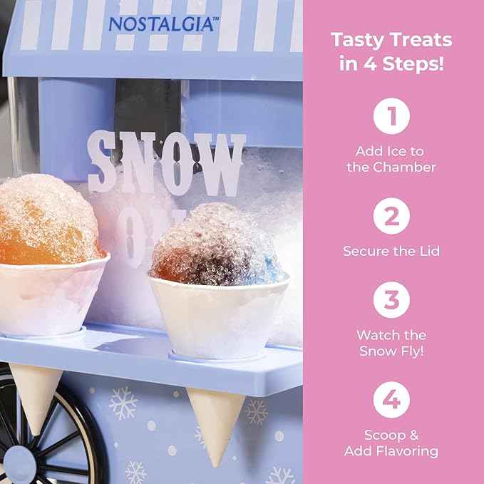 Nostalgia Snow Cone Machine – Retro Table-Top 8 Oz Snow Cone Maker Makes 20 ICY Treats– Countertop Slushie Machine Includes 2 Reusable Plastic Cups & Ice Scoop-Vintage Blue