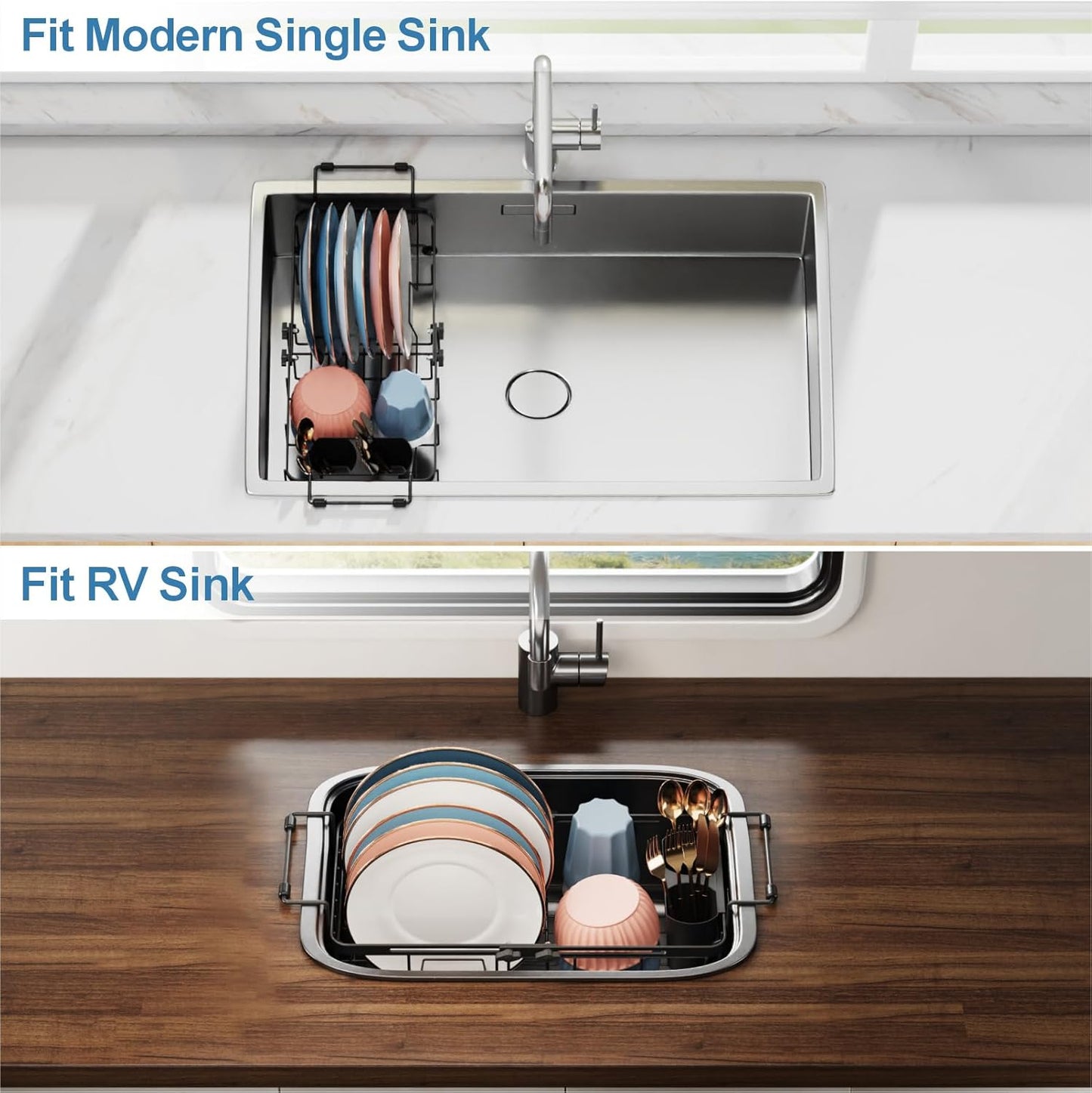 iSPECLE Small Sink Dish Drying Rack, 9.1" W Expandable Compact Rust Resistant Dish Drainer for RV Apartment Kitchen, Dish Rack with Lock Knob, Arms with Non Slip Rubber, Black