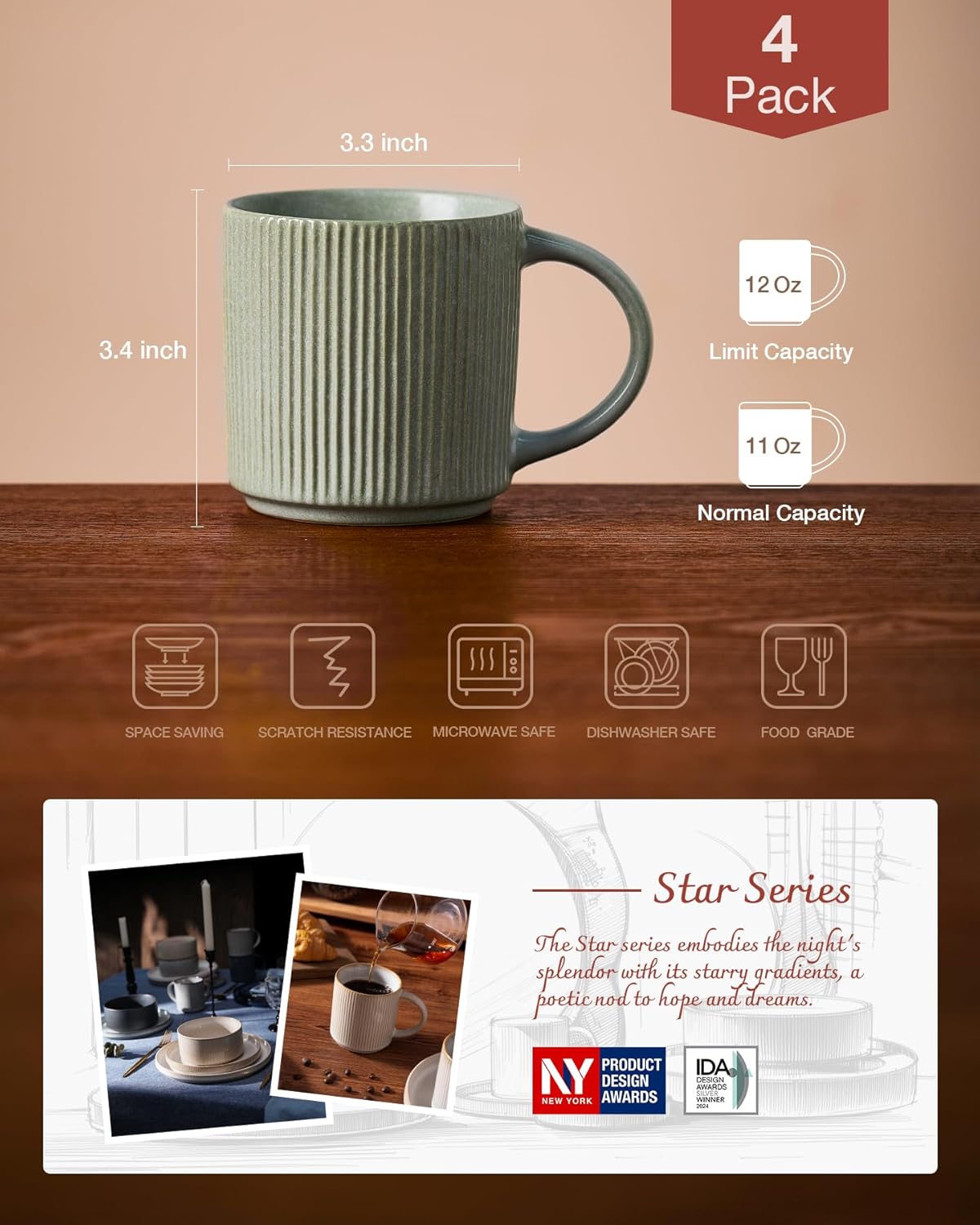 famiware Coffee Mug Set for 6, Star 12 oz Catering Mugs Cup Set with Handle for Coffee, Tea, Cocoa, Milk - Ceramic Stoneware Drinkware Set, Matte Green