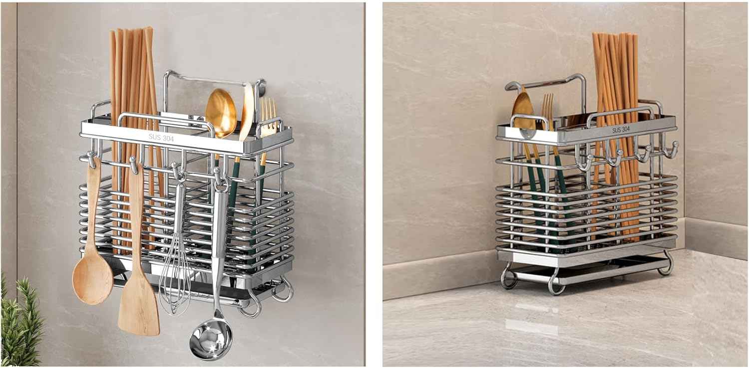 Sturdy 304 Stainless Steel Utensil Drying Rack, Basket Holder with Hooks 2 Compartments Draining Basket, Rust Proof, No Drilling,Kitchen Dish Drainer Dish Drying Rack