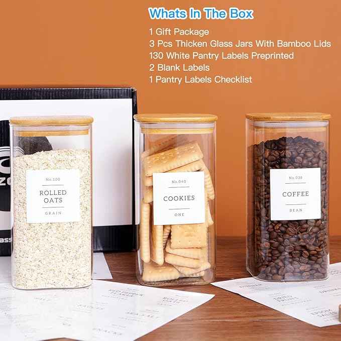 CZZGSM 3 Pack Square Glass Kitchen Storage Jars with Airtight Bamboo Lids and 132 Pantry Labels - 54oz Glass Canisters with Wood Lids - Food Storage for Sugar, Rice, Pasta, Cereal