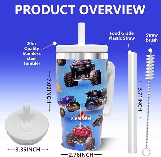 2PCS 20-OZ Insulated Water Bottle,Insulated Stainless Steel Tumbler,Reusable Cold Drink Thermos,BPA-Free, Double-Wall Stainless Steel Water Bottle (Light blue-Monster trucks, 20, Fluid Ounces)