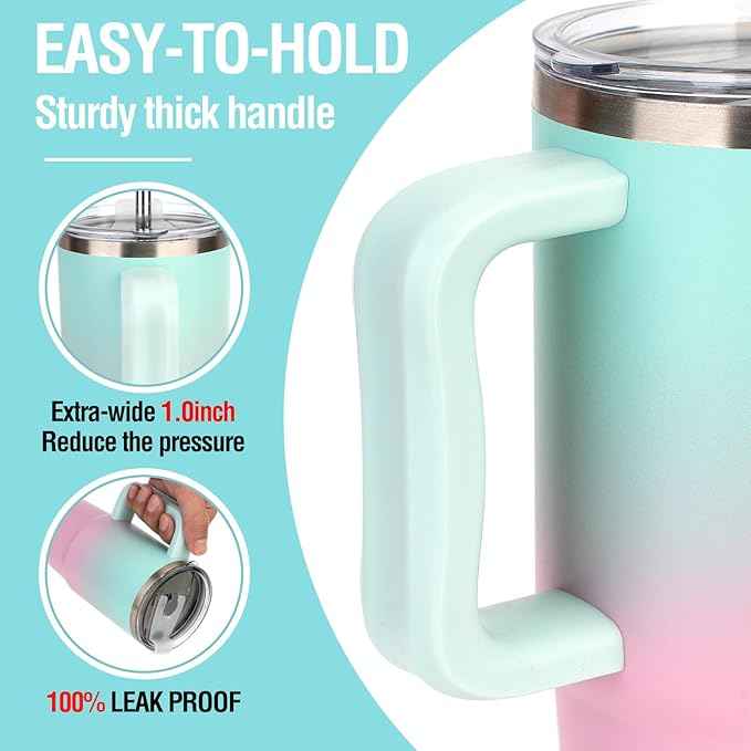 Zukro 24 oz Ceramic Lined Tumbler with Handle and Straw, No Metal Taste, Insulated Stainless Steel Coffee Mug with Spill Proof Lids for Home/Office, No Sweat, Keep Drinks Hot or Cold, Black