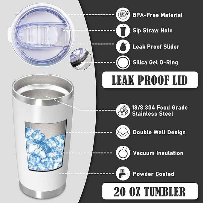 20 oz Tumbler Coffee Travel Tumblers Bulk with Lid Stainless Steel Double Wall Vacuum Insulated Mug Powder Coated Cups fit Car Cupholder for Hot and Cold - White, 4Pack