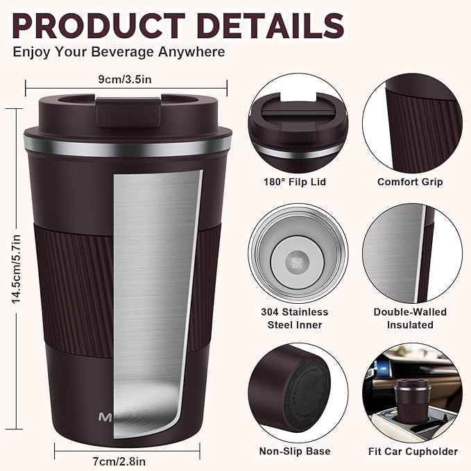 MOMSIV 12oz Travel Mug, Insulated Coffee Cup with Leakproof Lid, Vacuum Stainless Steel Double Walled Reusable Tumbler for Hot and Cold Water Coffee and Tea In Travel and Car (Brown)
