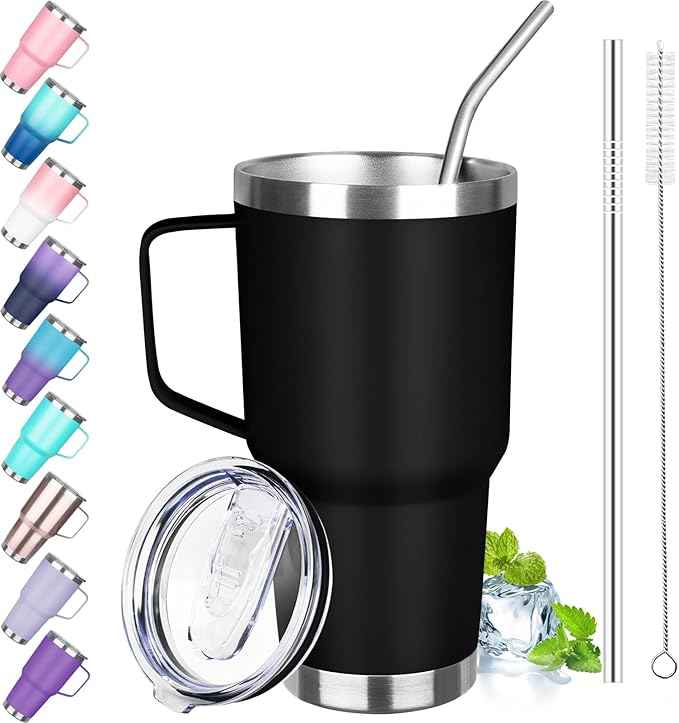 30 oz Stainless Steel Insulated Tumbler with Handle, Lid and Straw, Double Wall Vacuum Insulated Coffee Mug Tumbler, Insulated Coffee Thermal Cup for Cold and Hot (Black)