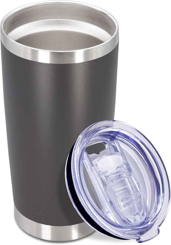 20 oz Tumbler Coffee Travel Tumblers Bulk with Lid Stainless Steel Double Wall Vacuum Insulated Mug Powder Coated Cups fit Car Cupholder for Hot and Cold - Grey, 1Pack