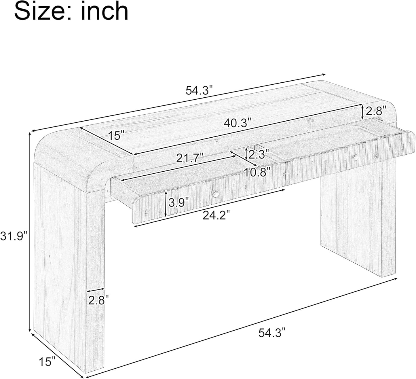Farmhouse Modern Curved Console Table 54.3-Inch Sofa Entry Table Fluted Accent Tables with Storage Drawers for Living Room Entryway Hallway Furniture, Black