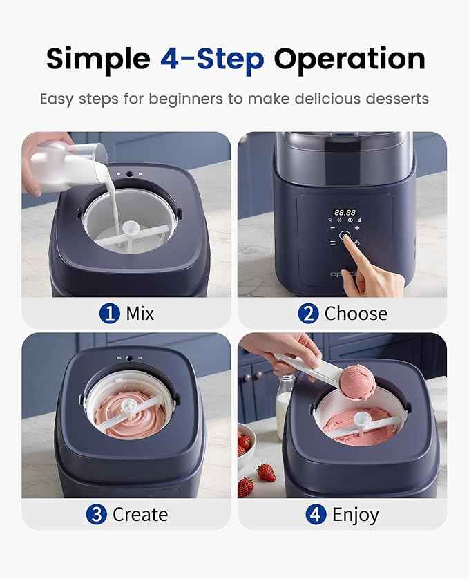 4-in-1 Compressor Ice Cream Maker (1.0Qt), No Pre-Freezing, Automatic Yogurt Maker, Gelato Sorbet Frozen Yogurt Soft Serve Machine, Compact Vertical Design for Home Kitchen(Blue)