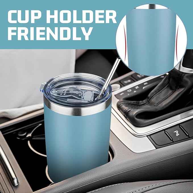 20 oz Tumbler with Lids and Straws, Stainless Steel Insulated Travel Coffee Mug, Double Wall Vacuum Insulated Tumblers, Powder Coated Coffee Tumbler for Cold & Hot Drinks (Azure Blue,4pack)