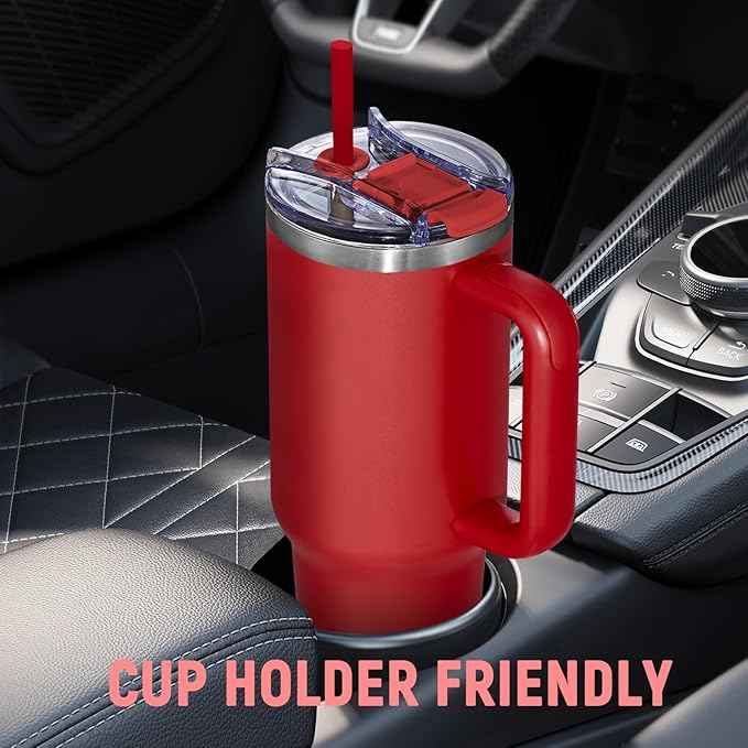 COKTIK 40 oz Tumbler With Handle and Straw, Insulated Tumbler With Leakproof Lids, Stainless Steel|BPA-Free, Cold for 24 H (Red)