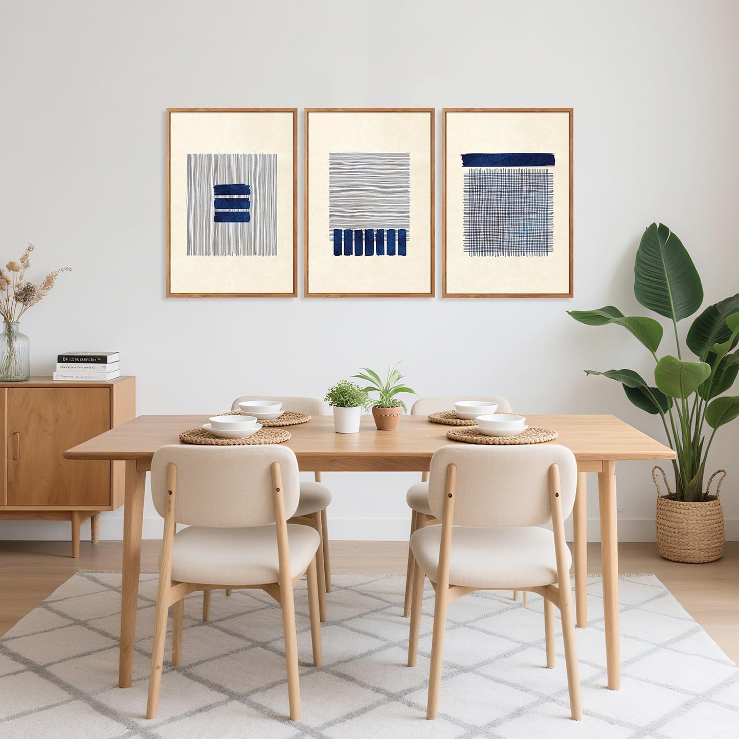 Aurlan Boho Christian Line Art Framed Wall Decor(16"x24"), 3PCS Minimalist Jesus Leavs the 99 Sheep Lamb Bible Story Canvas Artwork, Neutral Abstract Beige Navy Blue Religious Painting for Bedroom Living Room