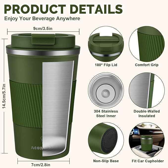 MOMSIV 12oz Travel Mug, Insulated Coffee Cup with Leakproof Lid, Vacuum Stainless Steel Double Walled Reusable Tumbler for Hot and Cold Water Coffee and Tea In Travel and Car Armygreen 380ML