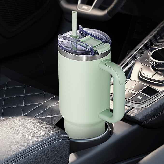 COKTIK 40 oz Tumbler With Handle and Straw, Insulated Tumbler With Leakproof Lids, Stainless Steel|BPA-Free, Cold for 24 H (Seafoam)