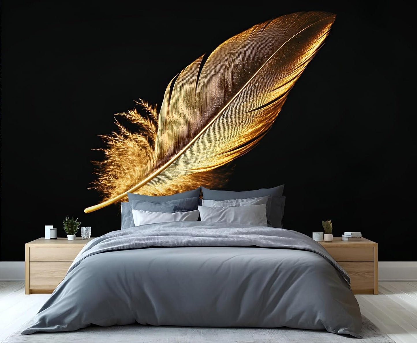 Feather Wallpaper, Golden Feather Mural, Modern Stylish Wall Art Mural Wallpaper for Living Room Bedroom Decor Murals - 157.5" W x 110.3" H (Not Peel Stick)