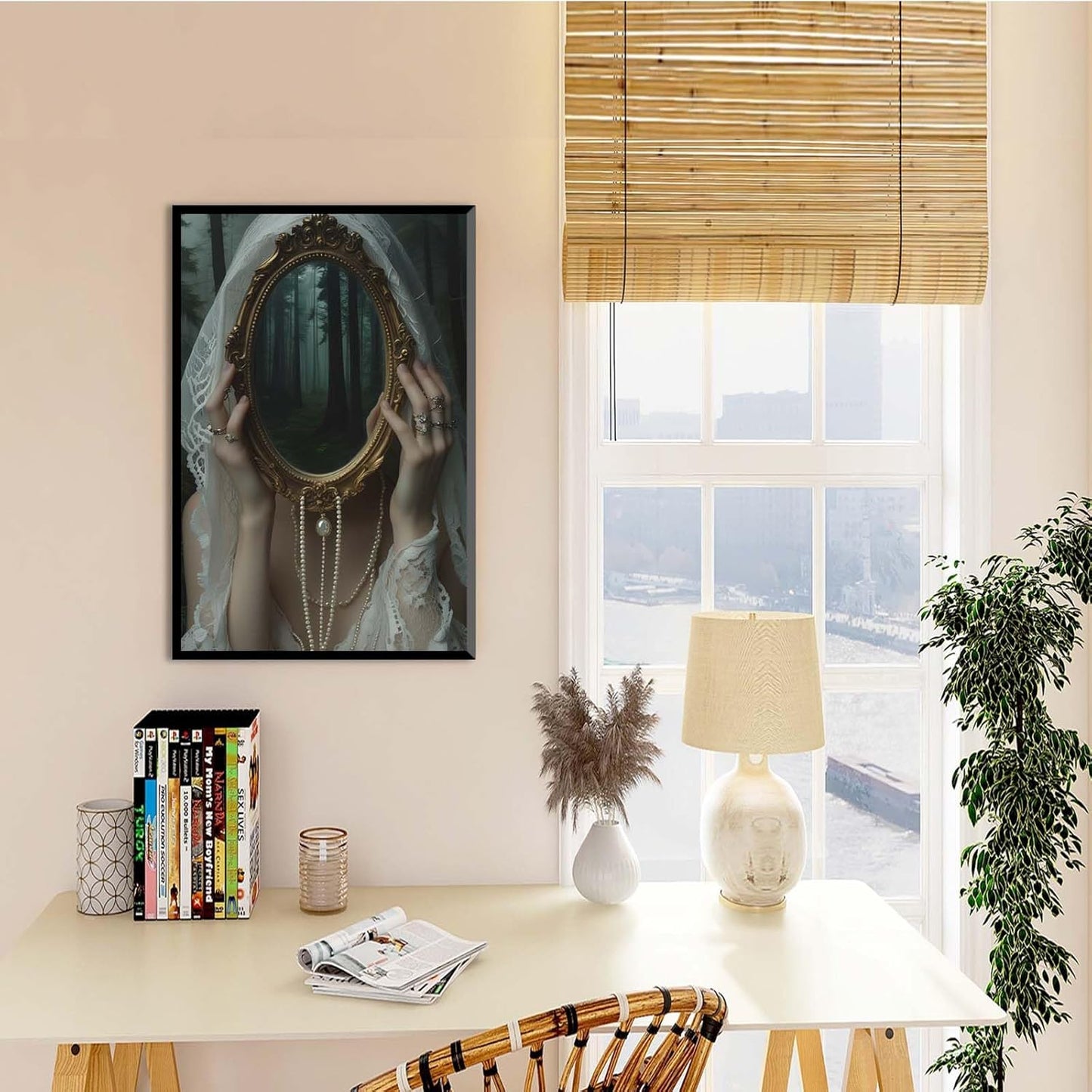 Mirror face covering dark art poster print melancholy gothic painting vintage feminine print victorian style decoration antique art20x30in Metal blackFramed