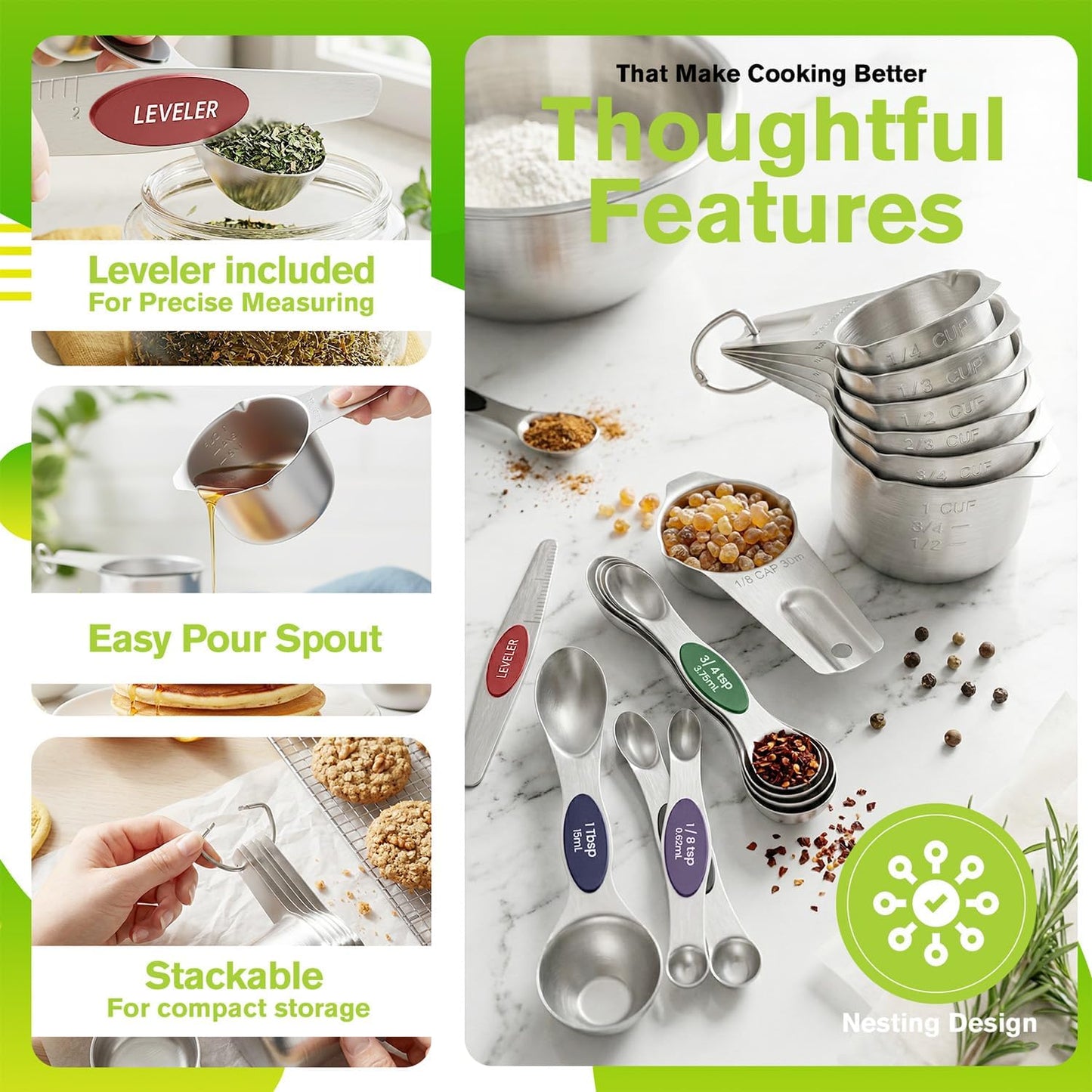 ChefAide Measuring Cups and Spoons Set, 304 Stainless Steel Measuring Cups Set of 7,8 Magnetic Stainless Steel Measuring Spoons & 1 Leveler for for Measure Dry and Liquid Ingredients