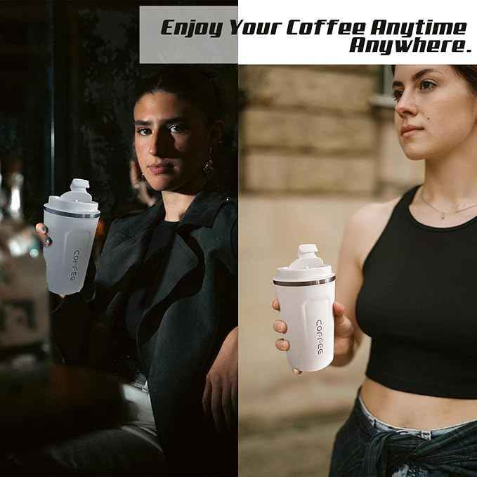 SPLMIFA Travel coffee mugs leak-proof, reusable coffee cups with lids, stainless steel vacuum insulated coffee tumblers, thermal insulation cups for men & women keep drinks hot & cold(2nd-White, 12OZ)