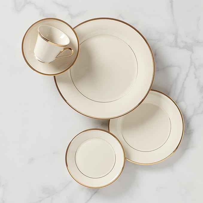 Lenox Dinnerware Set, Eternal 5-Piece Place Setting, 24-Karat Gold Accents Set, Service for 1, Made Of Ivory Porcelain, Dishwasher Safe, Plates, Cups And Saucers, Home And Kitchen (Ivory, 5 Pcs)