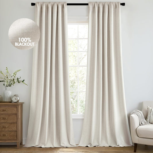 MIULEE 100% Blackout Curtains 84 Inch Long 2 Panels Set for Bedroom, Thick Luxury Faux Linen Black Out Curtain Room Darkening Back Tab Pleat Window Textured Drapes with Hooks for Living Room, Birch
