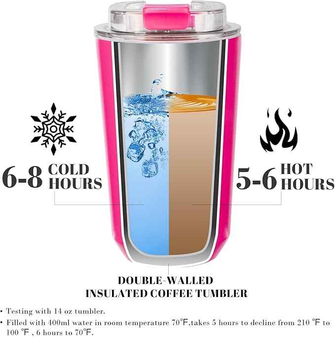 Puraville Insulated Tumblers with Lid, 14 oz Travel Coffee Mug Stainless Steel Vacuum Cup, Leak Proof Reusable Double Walled Coffee Tumbler for Iced and Hot Drinks, Fuchsia