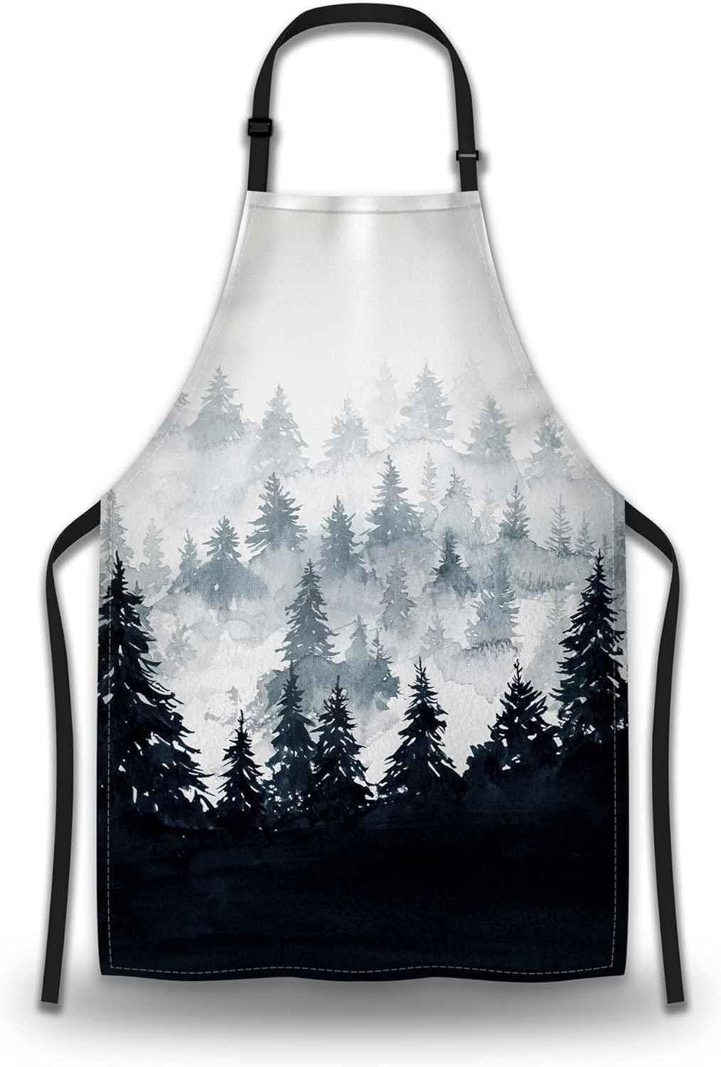 Chef Apron for Men Watercolor Mountains Landscape Trees Pinafore Aprons for Women for Kitchen Cooking Restaurant BBQ Painting Crafting 27” (W) x 31” (H), Waterproof Apron