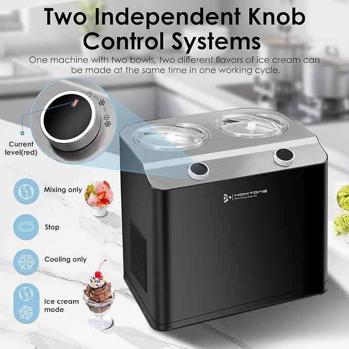 Homtone 2 Flavor Ice Cream Maker,Automatic Compressor Ice Cream Maker Machine with 2 Bowls,2.6QT (2 x 1.3qt) Largest Capacity & Fastest Freezing Ice Cream Machine, 3 Modes, Keep Cool Function