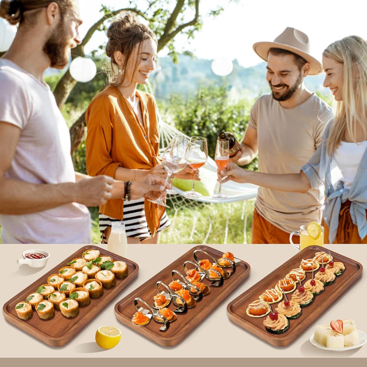 Acacia Wood Platters Small 12"x6" Long Charcuterie Board Rectangle Decorative Tray Wooden Serving Platter for Food Appetizer Cake Plates Kitchen Dish Cheese Boards Rectangular Snack Dessert Trays