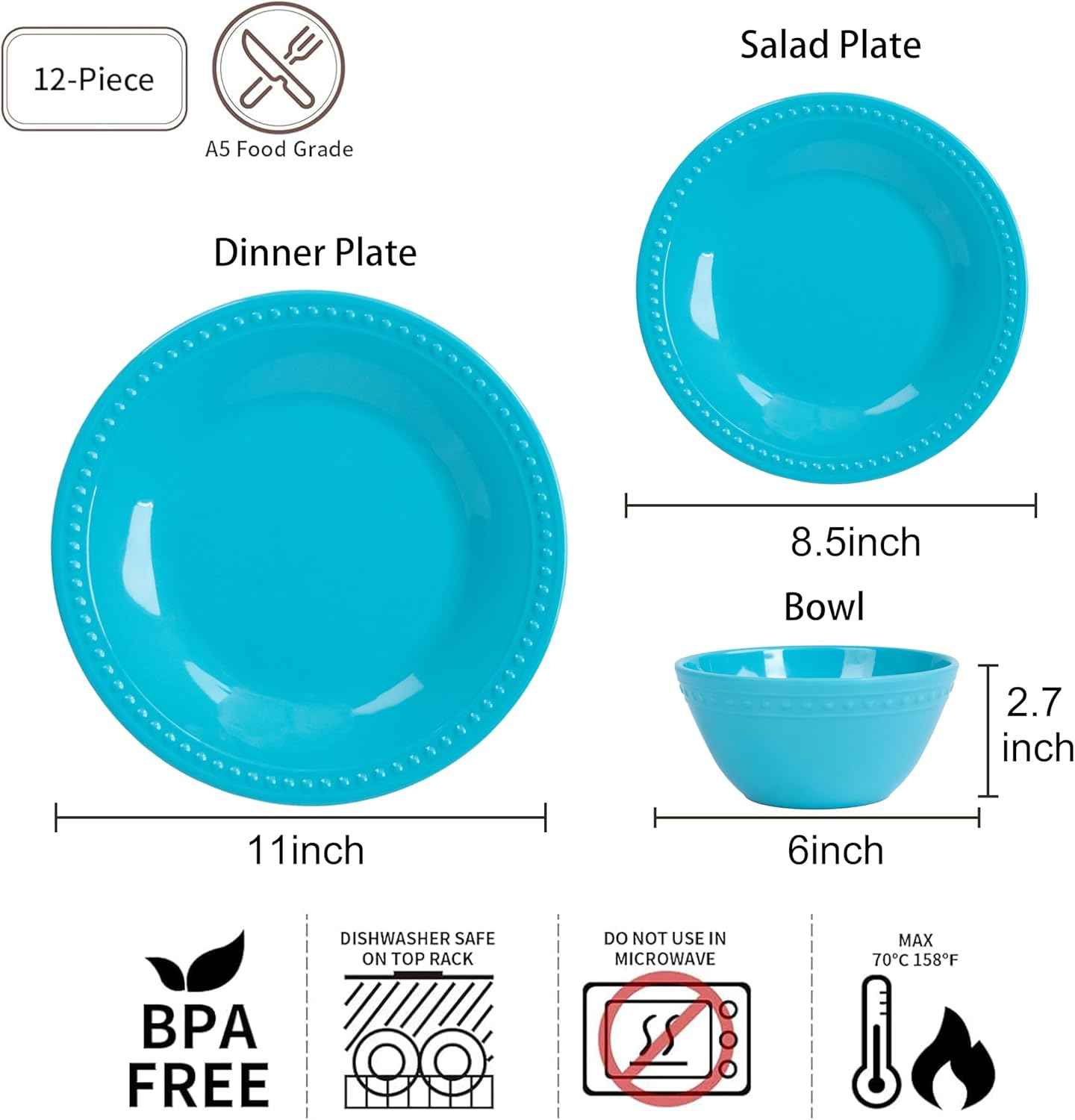 Aqua Beaded Melamine Plastic Dinnerware Sets,12 Pieces Dishes Set, Lightweight Unbreakable, BPA Free, Plates and bowls set, Perfect for Indoor Outdoor Weddings & Everyday Meals