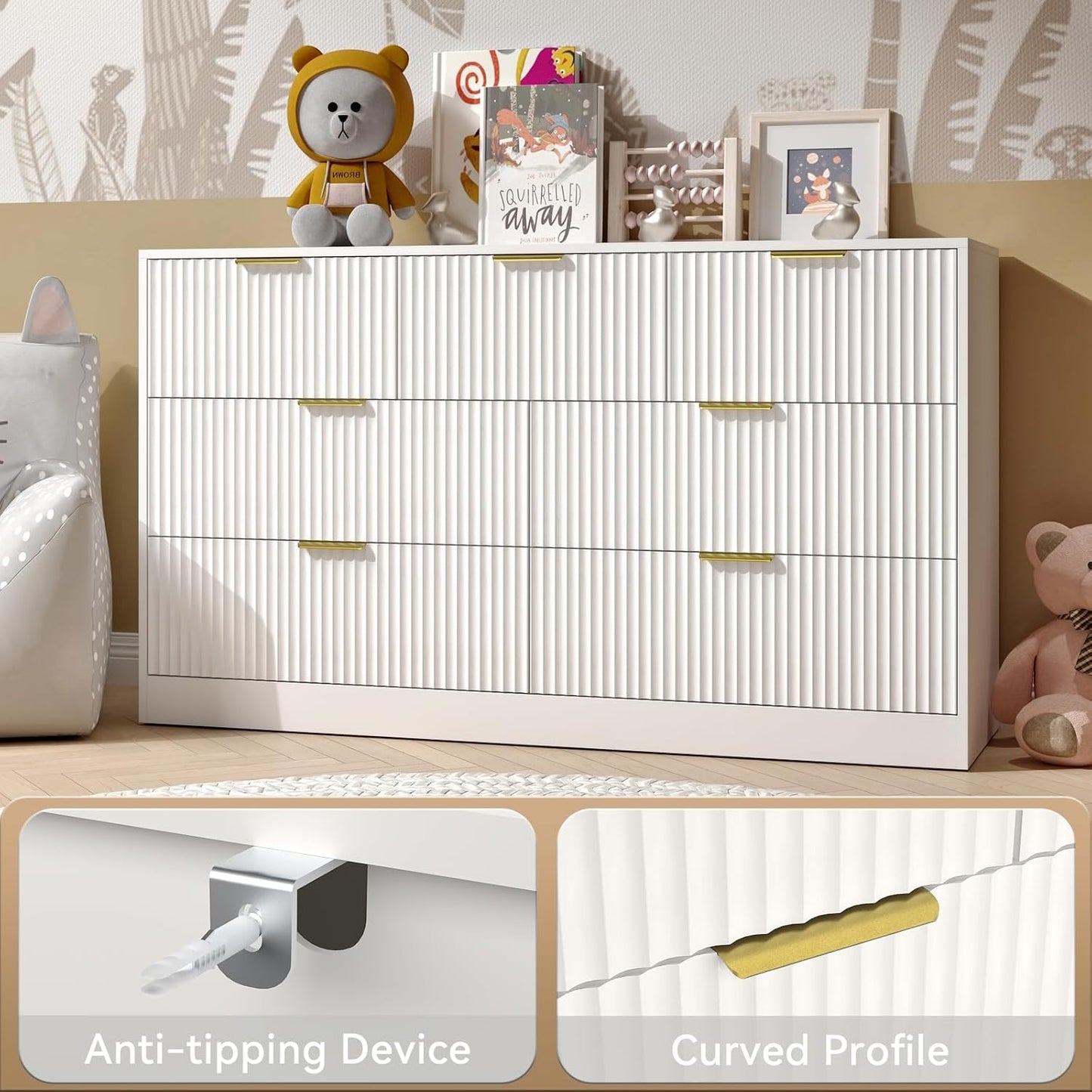 White 7 Drawer Dresser for Bedroom, 55” Wide Fluted Dresser with Gold Handles, Modern Chest of Drawer for Bedroom, Closet, Living Room, Entryway, Hallway, White