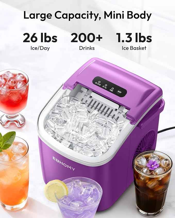 EUHOMY Countertop Ice Maker Machine with Handle, 26lbs Per Day, 9 Ice Cubes Ready in 6 Mins, Auto-Cleaning Portable Ice Maker with Basket and Scoop, for Home/Kitchen/Camping/RV (Purple)