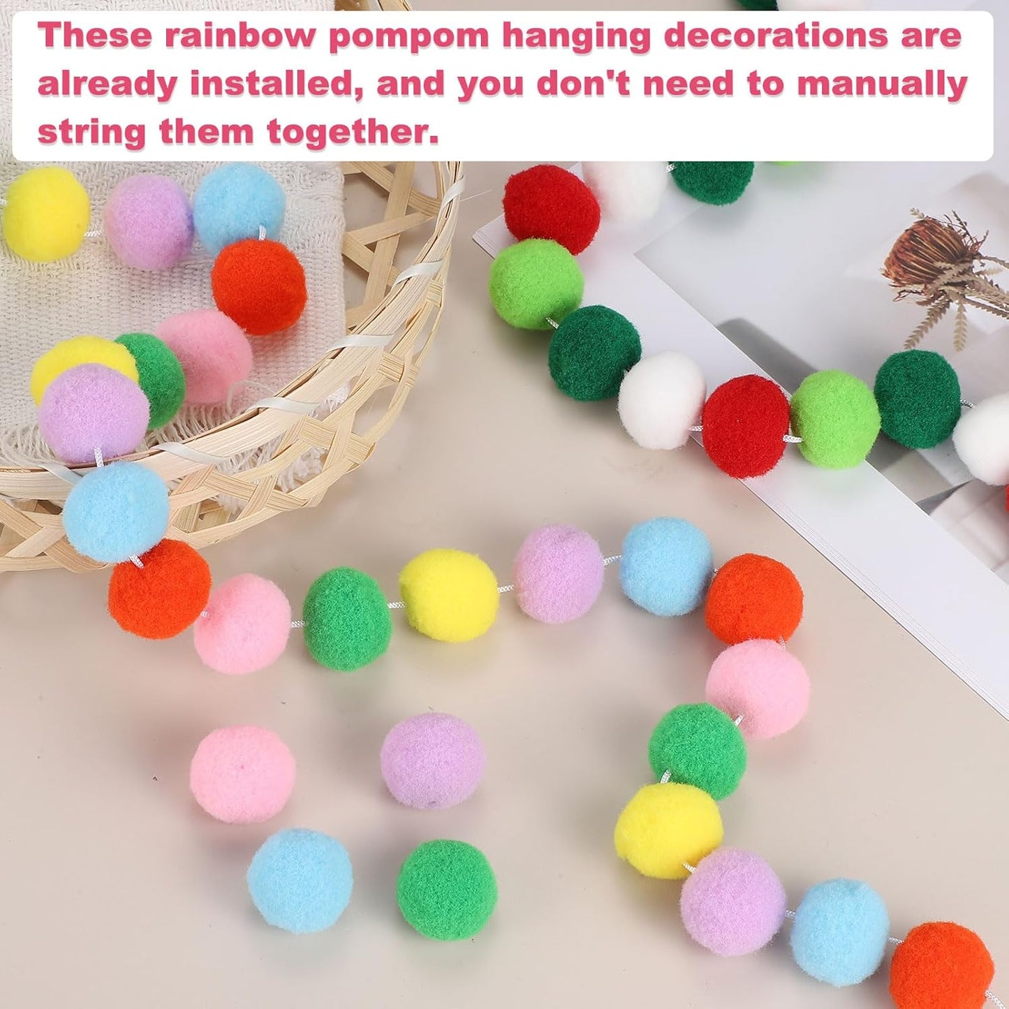 PATIKIL 26Ft Pom Pom Garland Decorations, 4Pcs Colorful Felt Ball Garland Banner Cute Rainbow Pompom Hanging Decorations for Tree Ornaments Homes Decor, Red/Green/White/Gray Green
