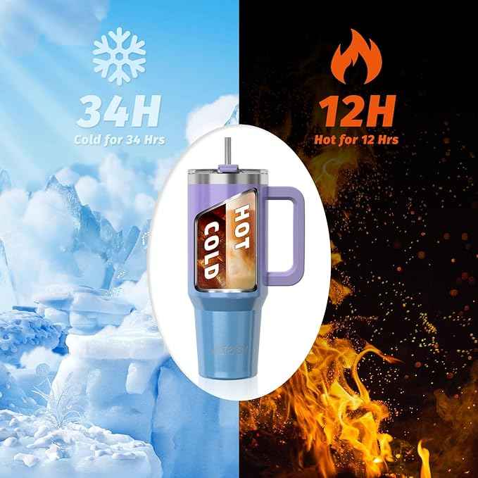 40 oz Shiny Tumbler with Handle and Straw,Stainless Steel Tumbler with Lid and Straw,Insulated Travel Mug(Cold for 34 Hours),Water Bottle for Iced Tea,Coffee (Purple)